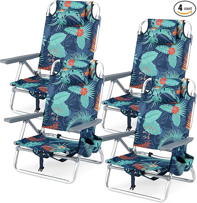 Goplus Beach Chair, Folding Backpack Beach Chairs for Adults with 5 Positions, Head Pillow, Cooler Bag, Towel Bar, Cup Holders, Sunbath Sling Tanning Lounge, Foldable Layout Camping Chairs