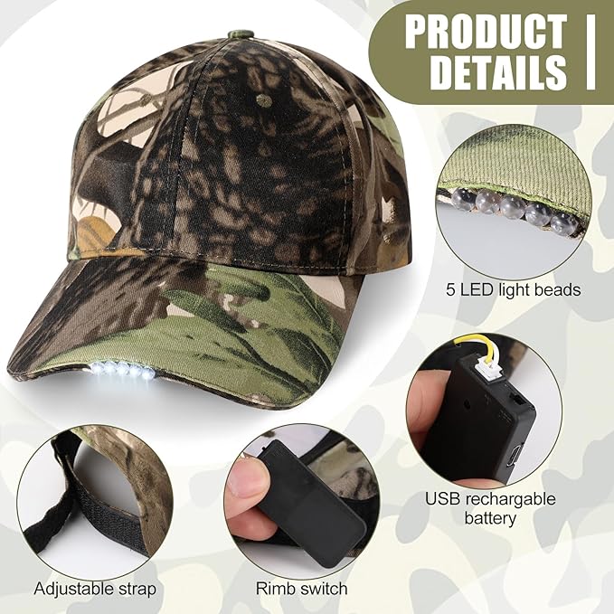 Coume Baseball Cap with Light Rechargeable LED Hat with USB Cable and Battery, Full Cotton Adjustable Headlamp Hat for Fishing Jogging Camping Hand Work(Camouflage)