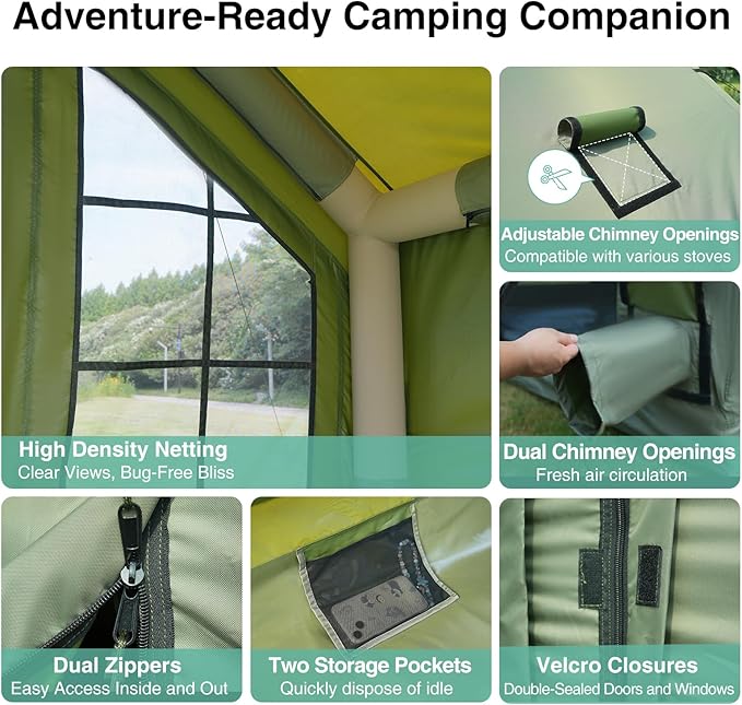 2025 Upgraded Waterproof Inflatable Camping Tent, Large Blow-Up Air Tent, No Assembly Needed Luxury Glamping House, Oxford Fabric