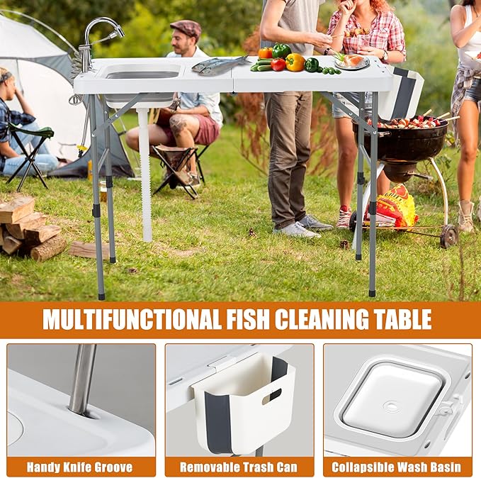 Spurgehom 50" Portable Fish Cleaning Table with Sink&Collapsible Wash Basin, Folding Camping Table with Faucet, Sprayer, Gloves, Trash Can, Storage Bag, Foldable Picnic Table for Picnic Beach Patio