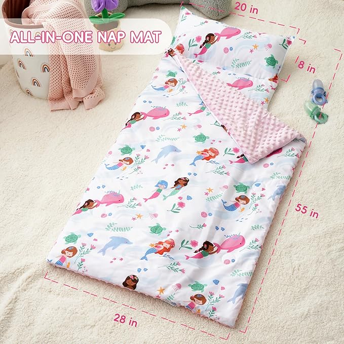 Bunnikins & Clover Toddler Nap Mat with Removable Pillow, Nap Mats for Preschool, Easy Clean Toddler Nap Pad for Kindergarten, Kids Sleeping Bag for Travel Camping