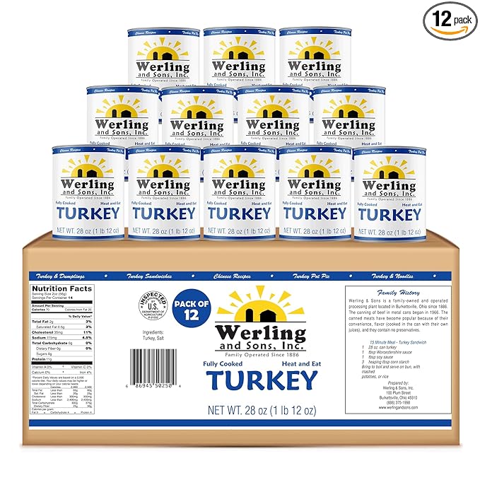 Werling & Sons Fully Cooked Canned Turkey Meat 28 Oz Heat & Eat Premium Quality Recipe Ready Canned Meat for Everyday Quick Meals, Camping, Emergency Canned Food & Survival Preparedness Pack of 12