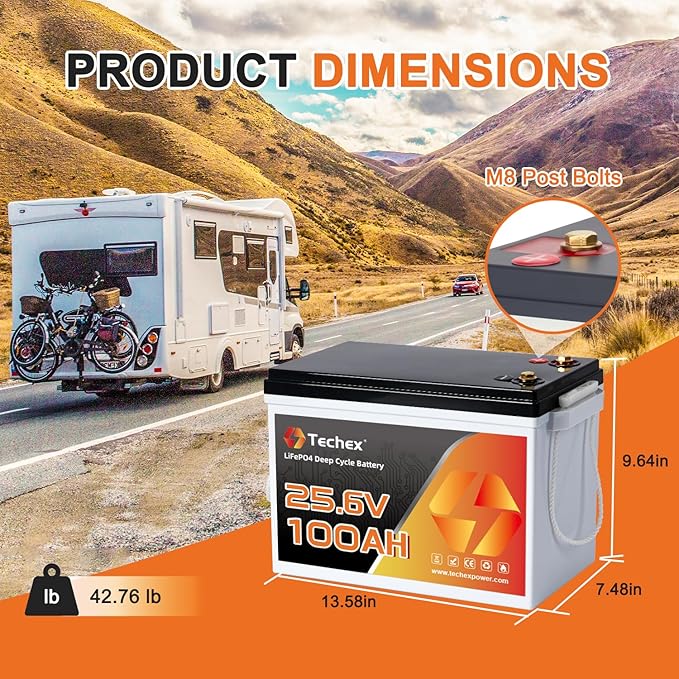 Techex 24V 100Ah LiFePO4 Battery, 100A BMS, 2560W Load Power, Low Temp Cut Off, Deep Cycle, 24V lithium battery for Trolling Motor, Boat, RV, Solar, Camping, Off Grid （No Bluetooth）