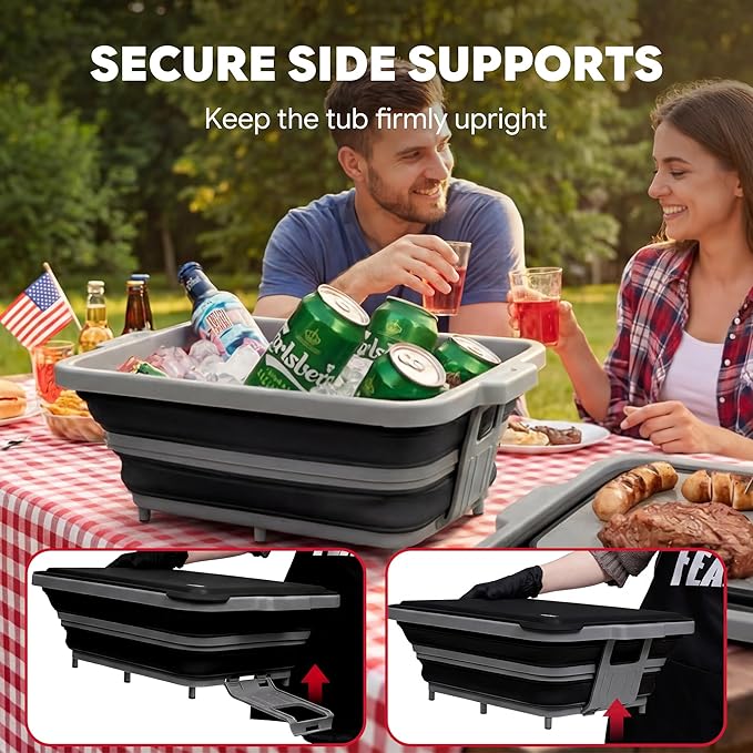 9-IN-1 Collapsible BBQ Prep Tub with Cutting Board, Portable Grill Prep Station with Side Brackets, Lids, Knives, Meat Claws and Drain Rack, Space-Saving for Kitchen, RV, Camping, Black