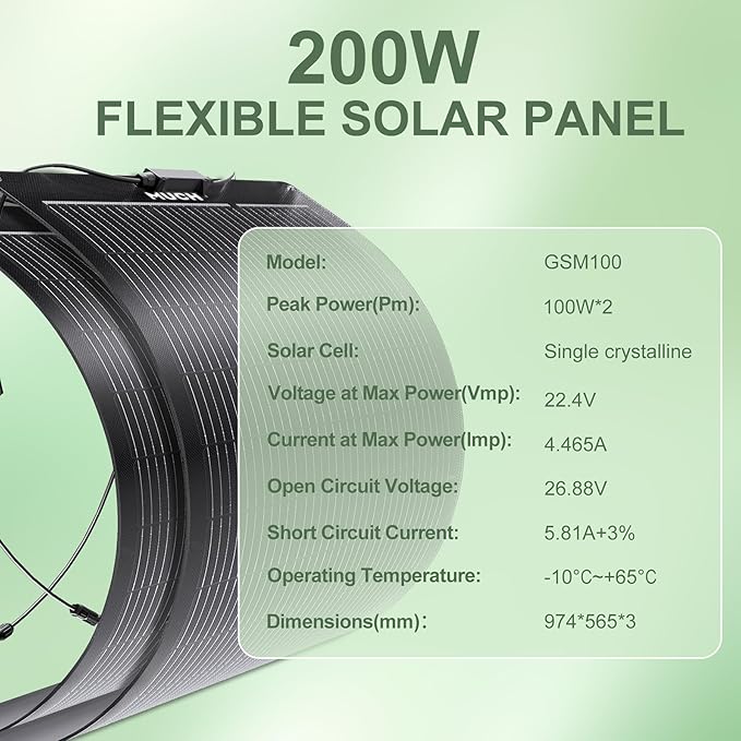 200W Flexible Solar Panel for RV Boat,12V/24V Monocrystalline Ultra-Flexible Bendable Mono Off-Grid Charger for Marine RV Cabin Van Car Boat Curve Surfaces （2 * 100w）