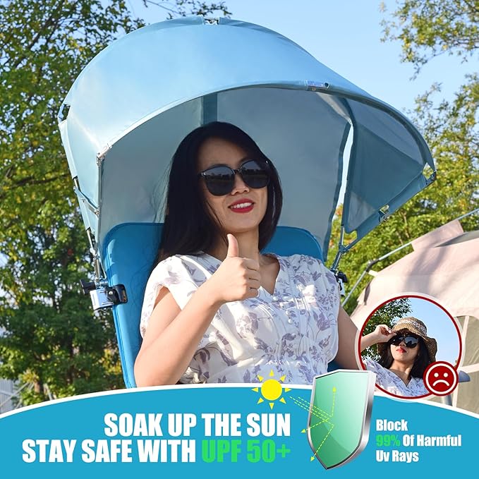 Universal Chair Umbrella Canopy, UPF 50+ Chair Sun Shade Attachment with Adjustable Clamp Fits Most Brands’ Beach, Camping, Lawn, Wheelchair, Tanning, Zero Gravity, Lounge, Fishing Chairs, 2 Pack