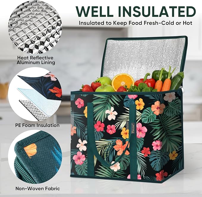 BALEINE 2PK Insulated Reusable Grocery Bags, Collapsible Cooler Bag for Groceries, Heavy Duty Large Insulated Bag (16''x9''x13'', Blossom Season)