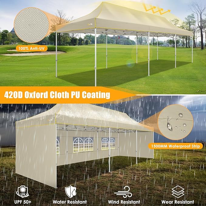 HOTEEL 10x30 Heavy Duty Pop Up Canopy Tent with 5 Sidewalls&Wheeled Bag, Commercial Event Party Tent Wedding Instant Canopy Waterproof, Upgraded Thicked Hexagonal Legs, UV 50+, Khaki