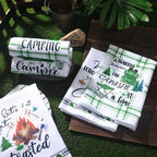 Redbaker 6 Pcs Camping Kitchen Towels Bonfire Tent Car Dishcloth Outdoors Happy Camper Hand Tea Towels Decorative Set Absorbent Camping Decor with Hanging Loop for Camper Gifts RV Accessories(White)