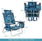 GYMAX Beach Chairs, Backpack Camping Chair with Armrest, Cooler Bag, Cup Holder, Towel Bar & Side Pockets, Sunbath Sling Tanning Lounge, Folding Layout Chair (Without Table, Blue Leaves)
