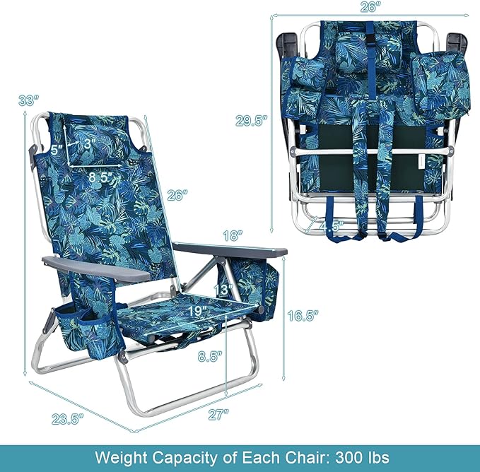 GYMAX Beach Chairs, Backpack Camping Chair with Armrest, Cooler Bag, Cup Holder, Towel Bar & Side Pockets, Sunbath Sling Tanning Lounge, Folding Layout Chair (4 Chairs Without Table, Blue Leaves)