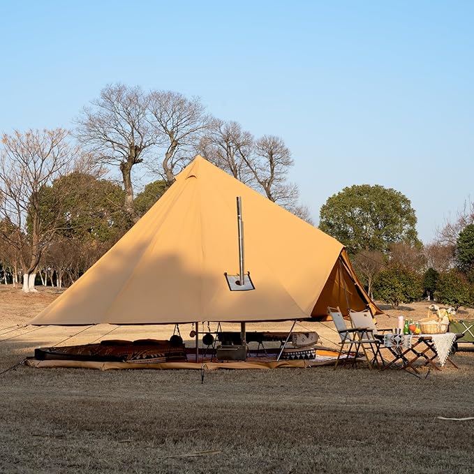 Cotton Canvas Bell Tent with Stove Jack, Roomy Yurt for Family Glamping Camping, 4 Season Tent with Zipped Removable Floor
