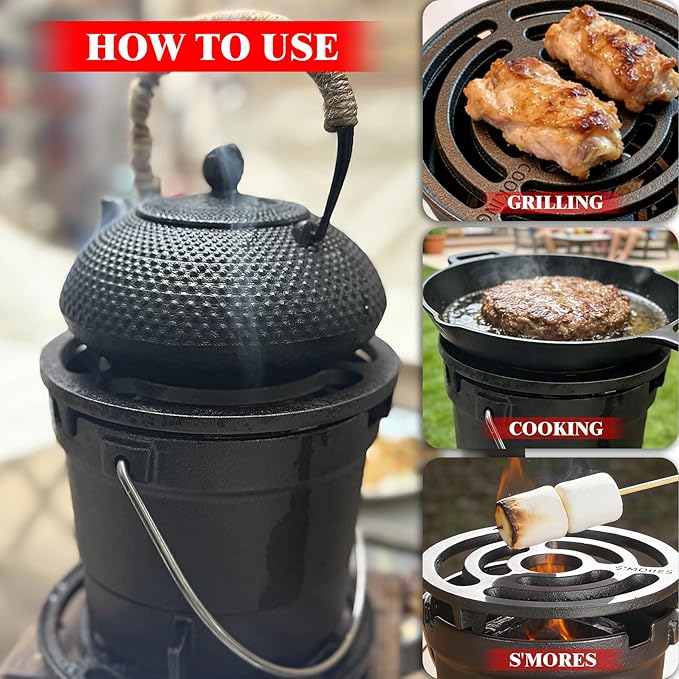 2-in-1 Hibachi Grill & S'mores Maker, 100% Pre-Seasoned Cast Iron, 6.5" Mini Small Portable Charcoal BBQ Grill for Outdoor Camping - 2 Heights, Draft Door