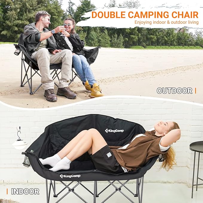 KingCamp Double Camping Chair, Oversized Heavy Duty 550lbs Loveseat for Adults Portable Folding XL 2 Person Couch Padded Comfortable Two Seat with Cup Holder for Outdoor Lawn Backyard, Black