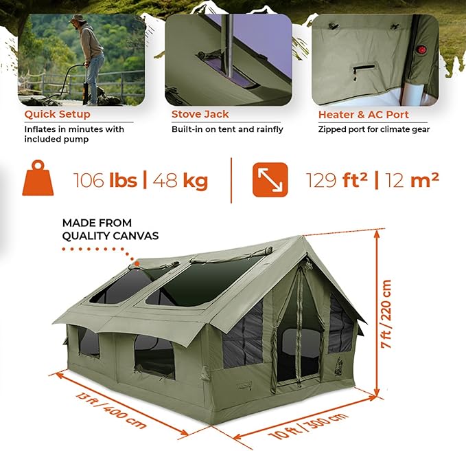 Inflatable Canvas Camping Tents with Stove Jack – Air Beam Blow Up Family Camping Tent for 2–6 People, Fast Setup Shelter with Hand Pump