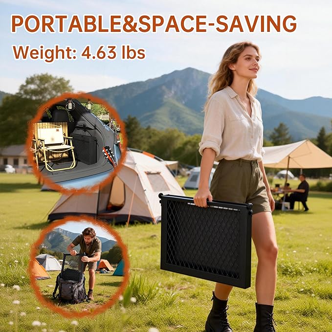 Folding Campfire Grill grate, Compact Height-Adjustable Fire Pit Grilling Grate, Heavy Duty Swivel Over Fire Cooking Grate with Handbag for Outdoor Camping Hiking Backpacking and Family Gatherings
