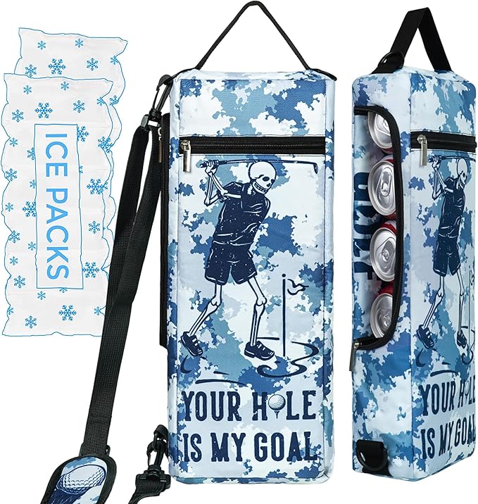 Golf Cooler Bag Plus Ice Pack Soft Sided Insulated Cooler Bag- Holds 6 Pack of Cans or 2 Wine Bottles - Grey Camo Golf Beer Sleeve Black Fits Discreetly in Golf Bags