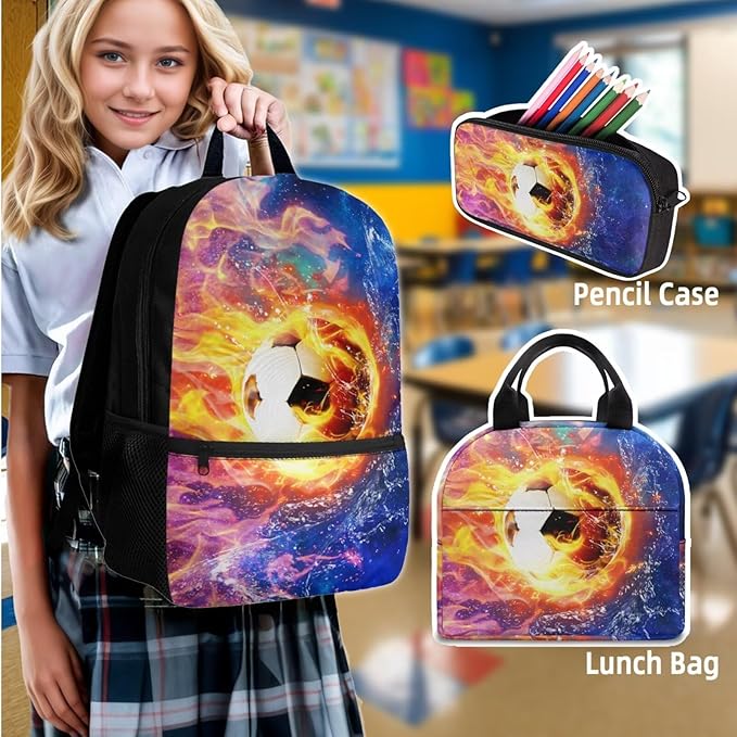 Football School Backpack 17 Inch with Lunch Box and Water Bottle Bag Large Capacity Pencil Case Lightweight Teen Bookbag for Boys Ages 8-16 Kindergarten Elementary Middle Camping Travel