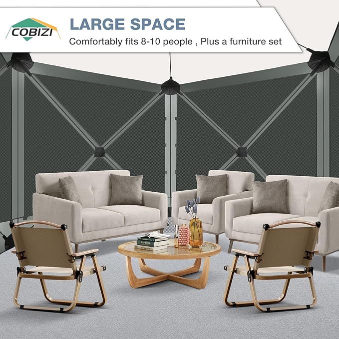COBIZI Pop Up Gazebo Screen Tent Screen House for Camping, 10x10 Screen Room with Mosquito Netting, Hub Tent Instant Screened Canopy with Carrying Bag and Ground Stakes, Gray
