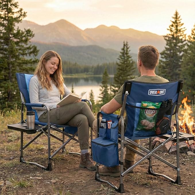 Overmont Oversized Lightweight Camping Chair - Portable Comfortable Heavy Duty Foldable Directors Chairs with Side Table & Cooler Bag for Outside Camp Beach Picnic Lawn and Fishing Supports 400lbs
