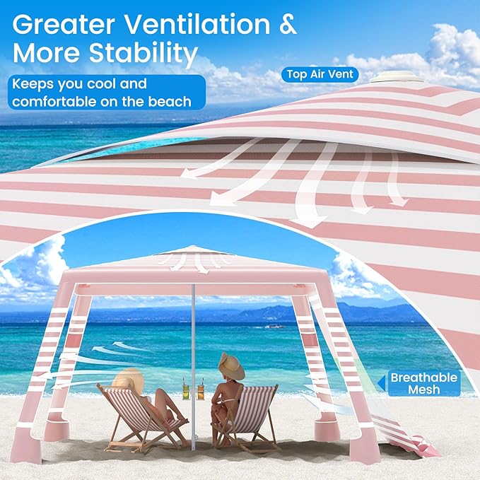 MoKo Beach Cabana, 8'×8' Large Beach Canopy with Side Wall, UPF 50+ Protection Easy Setup Beach Tent Sun Shelter, Adjustable Height Wind Resistant Cabana Beach Tent for Whole Family, Pink Stripe