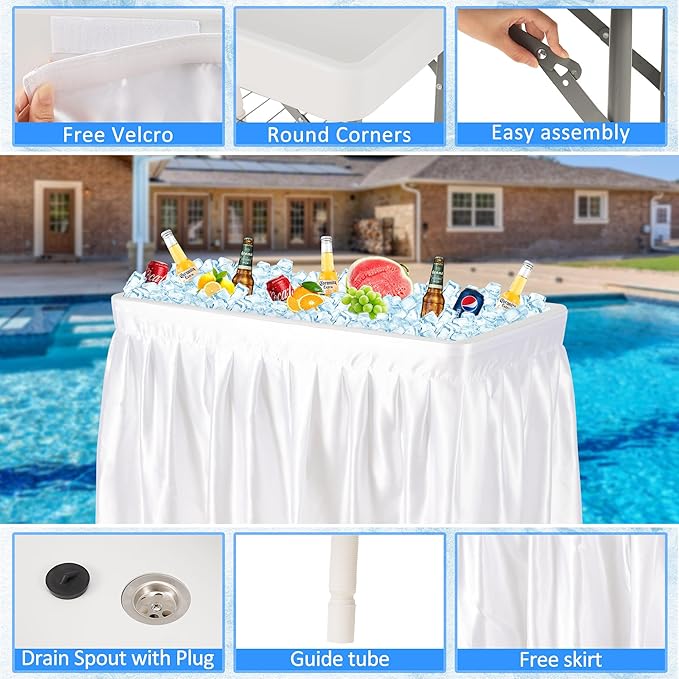 Dragosum Outdoor Cooler Table with Drain, Folding Ice Cooler Table with Removable Matching Skirt, Portable Table Coolers 4 Foot for Party BBQ Camping Wedding