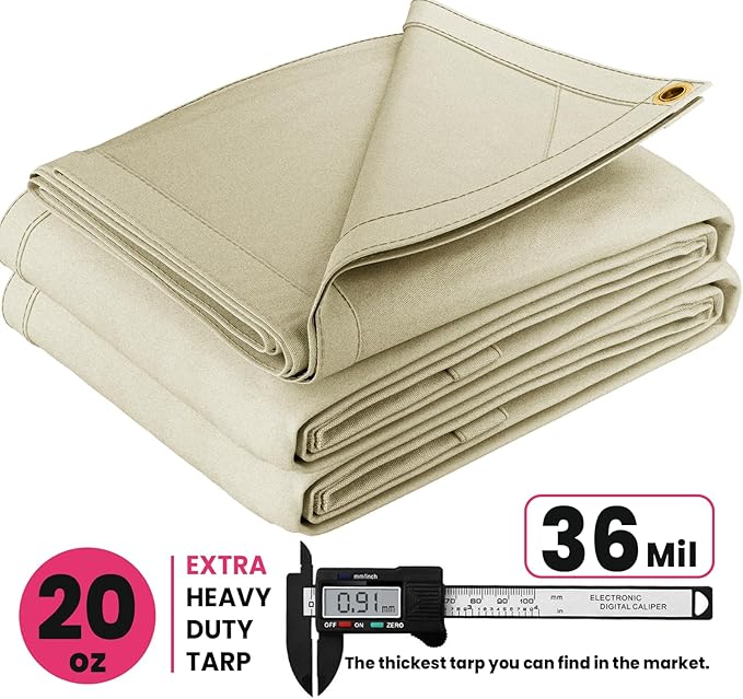 PROTARP Extreme Heavy Duty 20 OZ Water Resistant Canvas Tarp, UV Resistant Tarpaulin Cover with Rustproof Brass Grommets, Multipurpose for Canopy, Roof, Camping, Woodpile (Off White 30'X30')