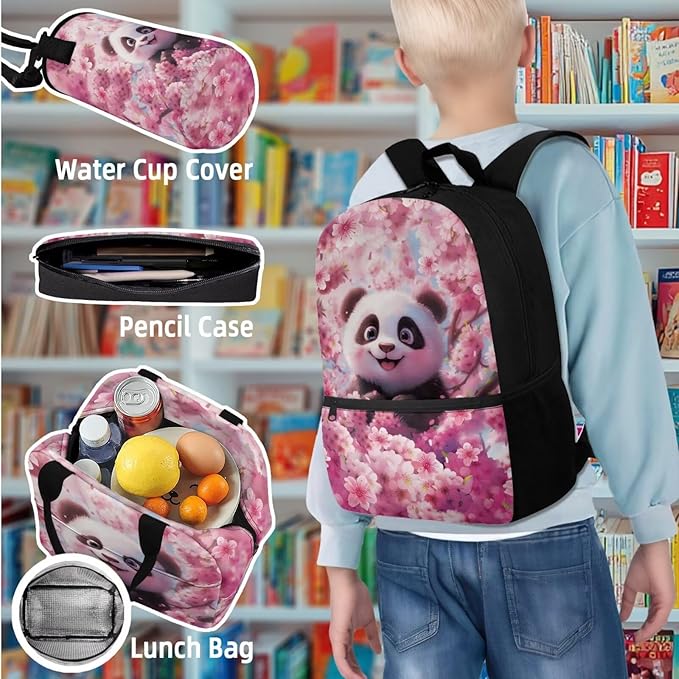 Panda School Backpack Set Kids 4 Piece with Lunch Box and Water Bottle Bag Pencil Case Large Capacity Lightweight Travel Backpack for Kids 8-12 Kindergarten Elementary Middle Camping