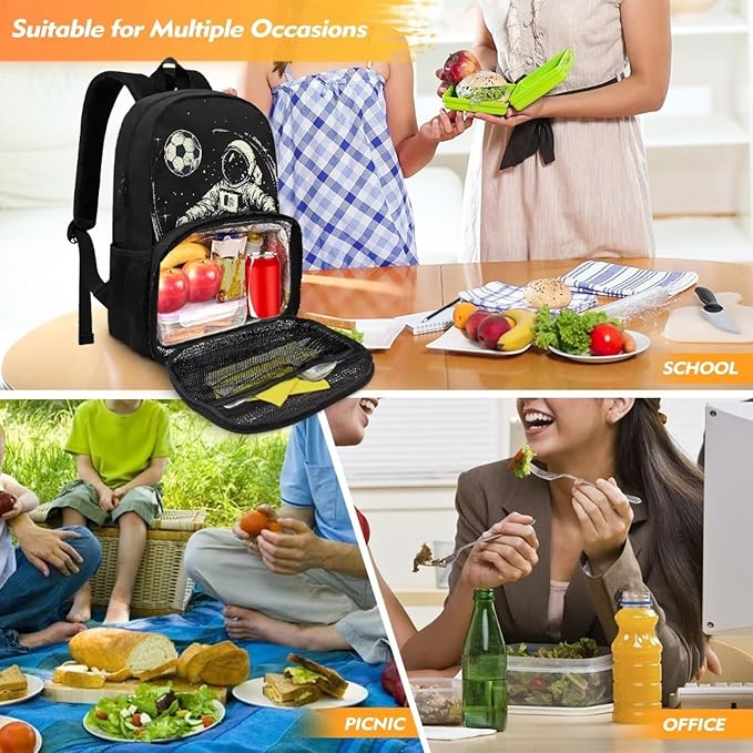 Boys Grils Kids Meal Prep Backpack All in One Backpack Insulated Lunch Bag Travel Casual Elementary Middle High School Student Backpack Hiking Daypack, Astronaut Soccer