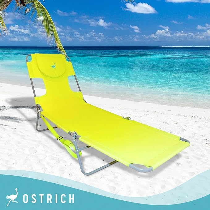 Ostrich Chaise Lounge Outdoor Portable Folding 3 Position Chair for Beach, Patio, Camp, and Pool with Carrying Strap, Neon Green (2 Pack)