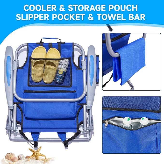 1PC Portable Beach Chair for Adults, 5 Position Backpack Folding Camping Chairs for Outdoor, Beach Chairs with Backpack Straps, Blue