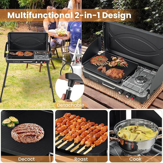 HAPPYGRILL Portable Camping Stove, 2-Burner Propane Grill Cooker with Removable Leg Stand, Roast Grill, Dual Control Knobs, Wind Guards, Outdoor Gas Grill for Camping BBQ Picnic (Black)
