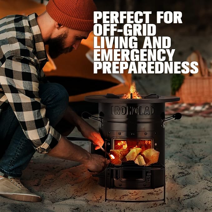 Rocket Stove – Camping Wood Stove for Emergency Preparedness, Survival, Off Grid Living Supplies – Portable Wood Burning Stove with Canvas Storage Bag and Fuel Support System