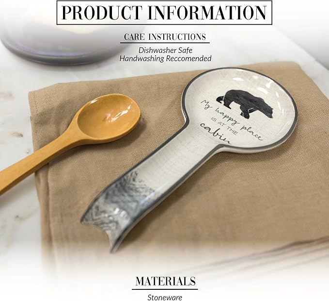 Pavilion Gift Company - At The Cabin - Bear 9" Stoneware Ceramic Spoon Rest Woodsy Outdoorsy Adventure Cabin Camping Camper Camp RV Tent, Gray & White