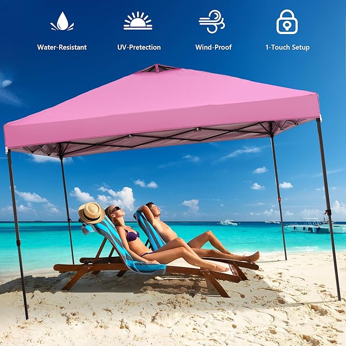 GDY 10x10 Pop Up Canopy Tent with 4 Sidewalls, Easy Set up with One Push Lift Outdoor Silver Coated Beach Gazebos, Carpas with 4 Sandbags, for Outdoor, Parties,Camping, Pink.