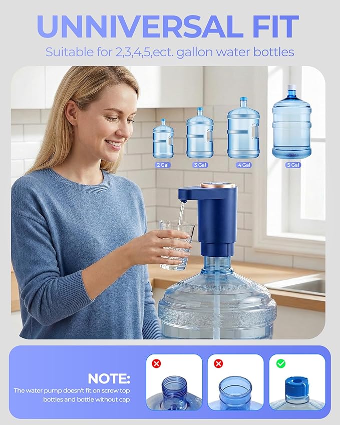 Water Jug Pump for 5 Gallon Bottle – Portable Electric USB-C Charging Dispenser, Dual Powerful Motors, Fast Flow, Fits 2-5 Gallon Jugs – Ideal for Home, Office, Camping, RV, Blue
