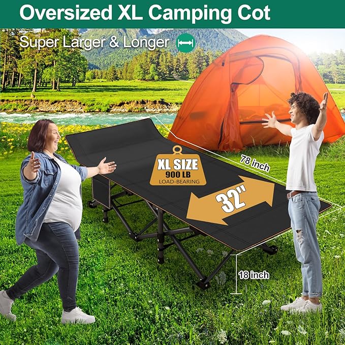 LILYPELLE Folding Camping Cot, Extra Wide Heavy Duty Sleeping Cots with Carry Bag, Double Layer Oxford Portable Travel Camp Cots for Home, Office Nap and Outdoor Beach
