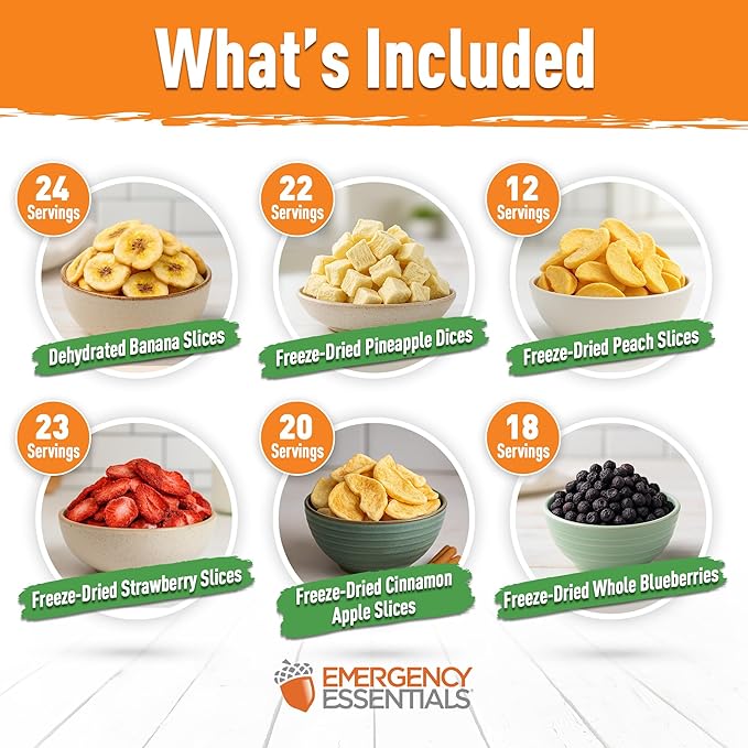 Emergency Essentials MEGA Fruit Kit | Freeze Dried & Dehydrated Fruit Variety | 119 Servings | Up To 30 Year Shelf Life | Apples, Strawberries, Blueberries, Peaches, Bananas, Pineapple