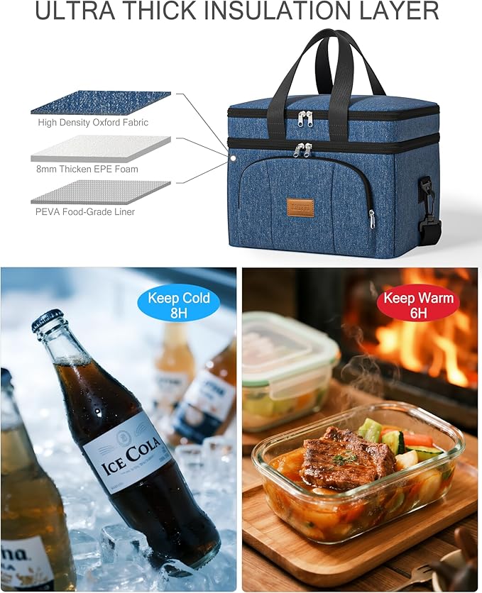 Rnivvi Lunch Box for Men, Double Decker Insulated Cooler Bag Lunch Bag Reusable Leakproof Tote Lunch Container with Strap for Work Family Picnic Hiking Camping, 18 Cans 12L, Large Adults, Blue