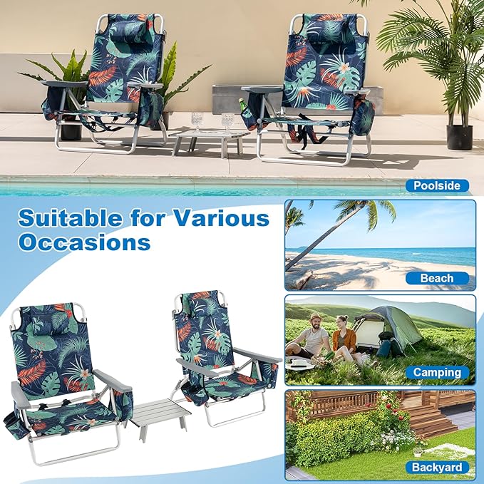 Giantex Folding Beach Chair, Patio Sling Chairs with 5 Adjustable Position, Head Pillow, Storage Bag, Towel Bar, Cup Holders, Backpack Chairs for Sunbathing, Camping Chair