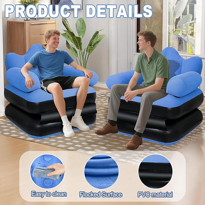 Blow Up Pull Out Couch with Headboard,Inflatable Couch with Flocked Surface,Folding Inflatable Chair for Adults,Portable Air Sofa Bed,Durable Air Couches,Inflatables couches for Camping-2pcs