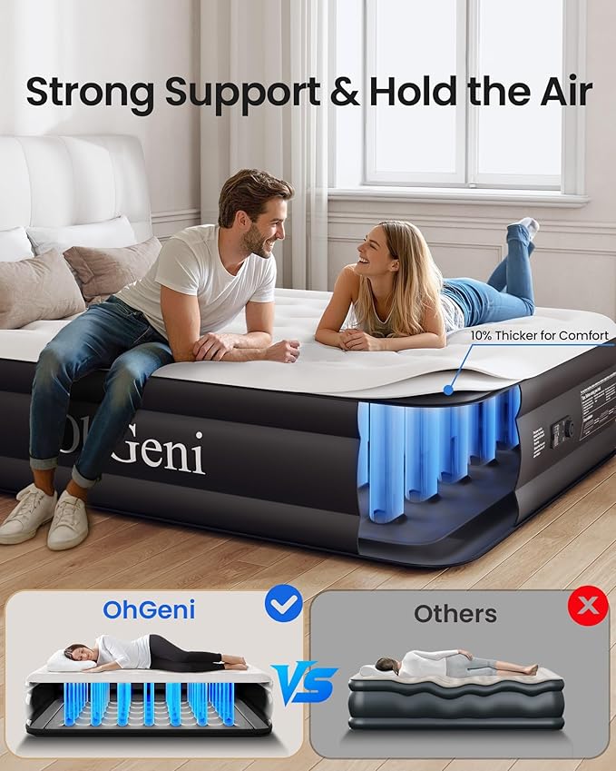 OhGeni King Size Air Mattress, Family Choice Award with Built in Pump, Ideal Alternative to a Bed, 18'' Comfortable Blow Up Colchones Inflables Mattress for Home, Guests, Portable Air Bed, 700 lbs