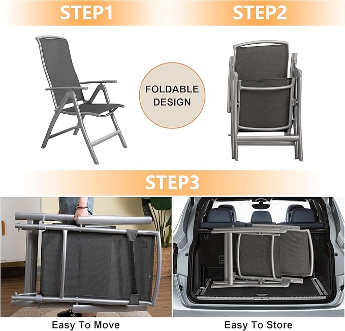Domi Patio Folding Chairs Set of 2, Aluminium Frame Outdoor Reclining Patio Chairs for Garden Camping Poolside Beach Deck, Adjustable High Back Lawn Chairs with Textilene Fabric Seat, Dark Gray