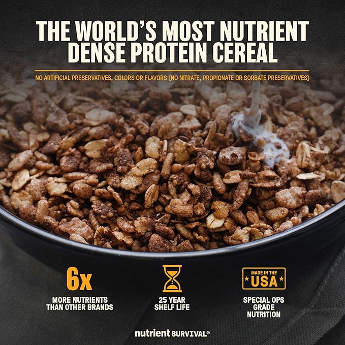 Nutrient Survival MRE Cereal, Chocolate Grain Crunch (12 Servings) Freeze Dried Prepper Supplies & Emergency Food Supply, Dairy & Gluten Free, Shelf Stable Up to 25 Years, One Can
