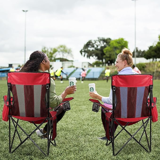 Nazhura 2 Pack Outdoor Camping Chairs Folding/Foldable/Portable with Cooler Pouch, Mesh Backrest and Cup Holder Pocket(Red, 2 Pack)