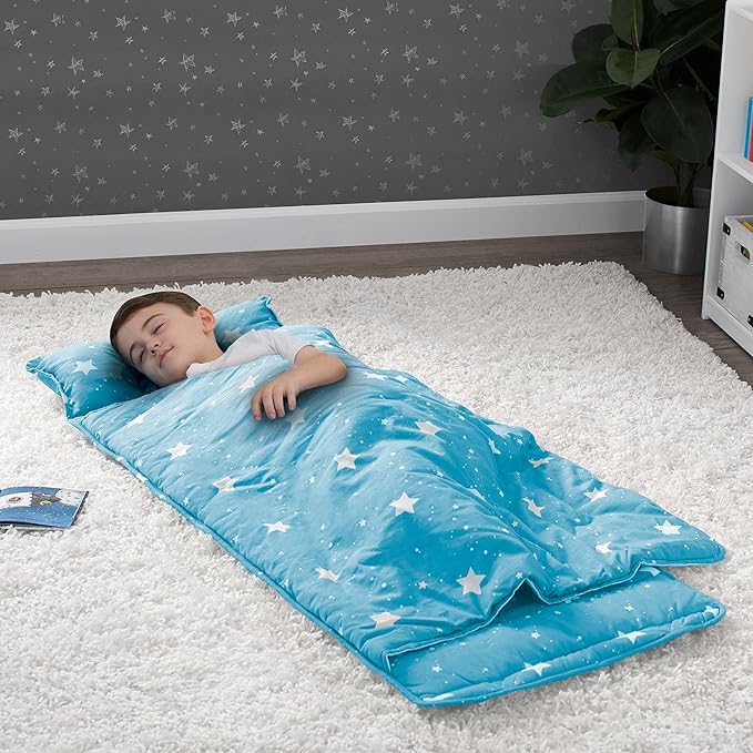 Delta Children Nap Mat - Includes Pillow & Blanket for Toddlers and Kids; Features Carry Handle w/Strap Closure and Name Tag; Rollup Design is Ideal for Preschool and Daycare; Personalization Optional