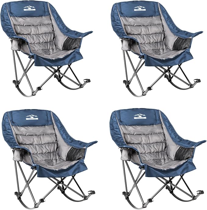 Oversized Rocking Camping Chairs Set of 2, Fully Padded Camp Chairs for Adults with Side Pocket and Cup Holder, Heavy-Duty 400lbs Capacity, Blue & Gray