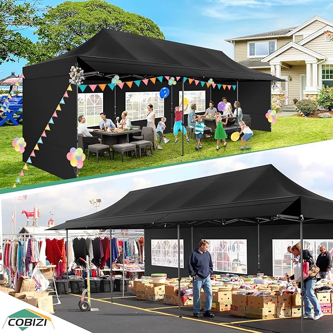 COBIZI 10x30 Pop Up Canopy Tent with Awning & Sidewalls, Heavy Duty Commercial 10X30 Canopy Tents Instant Waterproof, UPF 50+ Sun Shade for Outdoor, Parties, Markets Black