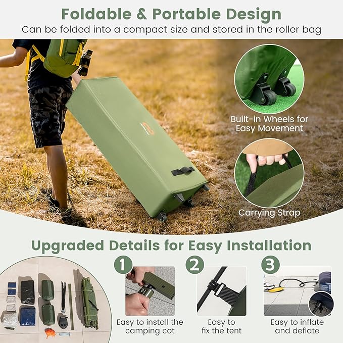 Safstar 5-in-1 Tent Cot, Camping Cot Tent with Air Mattress, Sleeping Bag, Camping Cot, Awning & Air Pillow, Carrying Bag, Off The Ground Tent, Elevated Tent Cot for Camping Hiking Picnic Travel