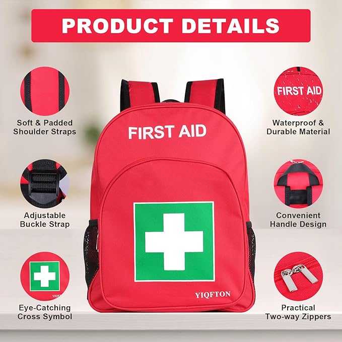 First Aid Backpack Empty, Red Waterproof Emergency Backpack, Portable Large Capacity Empty Medical First Aid Bag for Car Home Office Outdoor Travel Hiking Camping